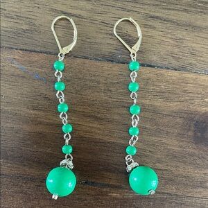 Green Beaded Drop Earrings - Gold Tone